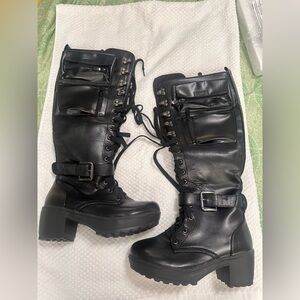 Black Lace-Up Chunky Heel Combat Boots with Utility Pockets